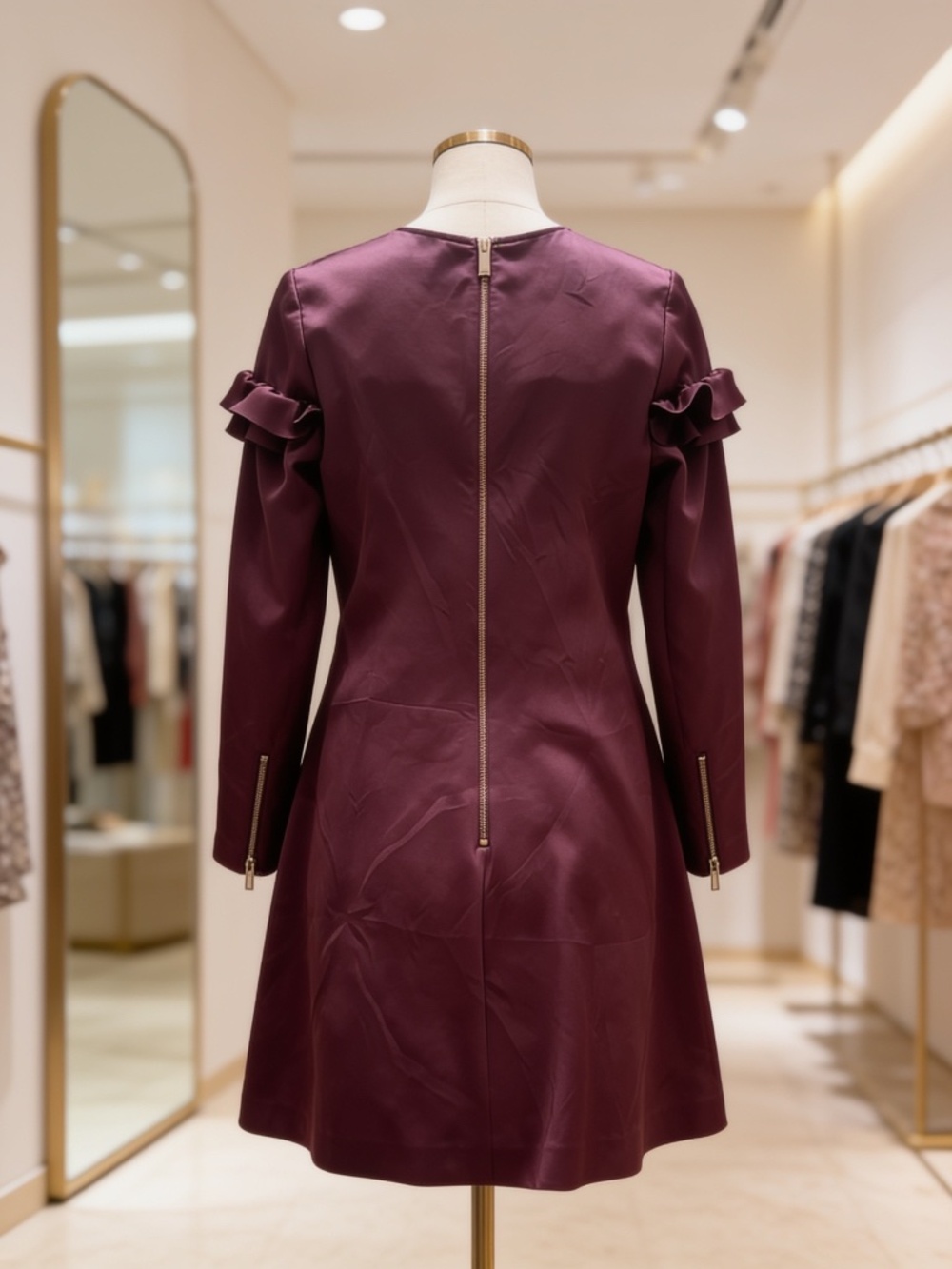 Brand New Ted Baker London Ruffle Trim Long Sleeve Dress in Burgundy - Picture 4 of 6